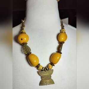 Yellow Genuine Stones And Brass Necklace with Gold Accents